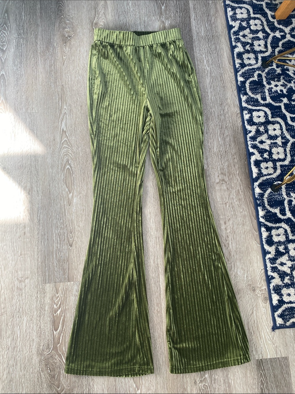 Olive Green Velvet Ribbed Flare Pants
